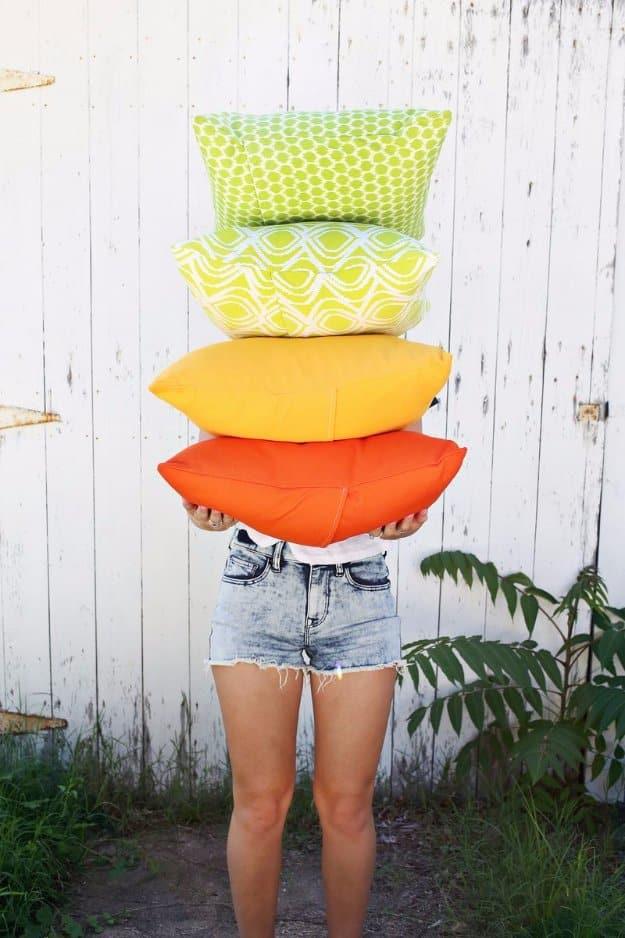 Sewing craft to sell: outdoor pillows sewn from weather resistant fabric for a porch or patio accent that lasts