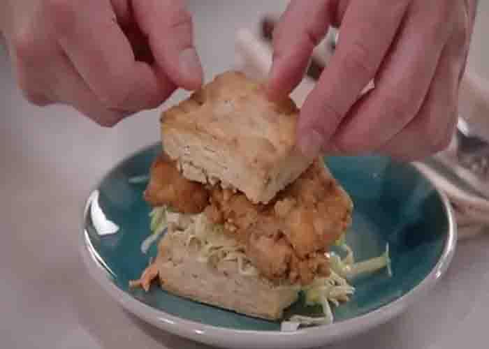 Assembling the mimosa fried chicken