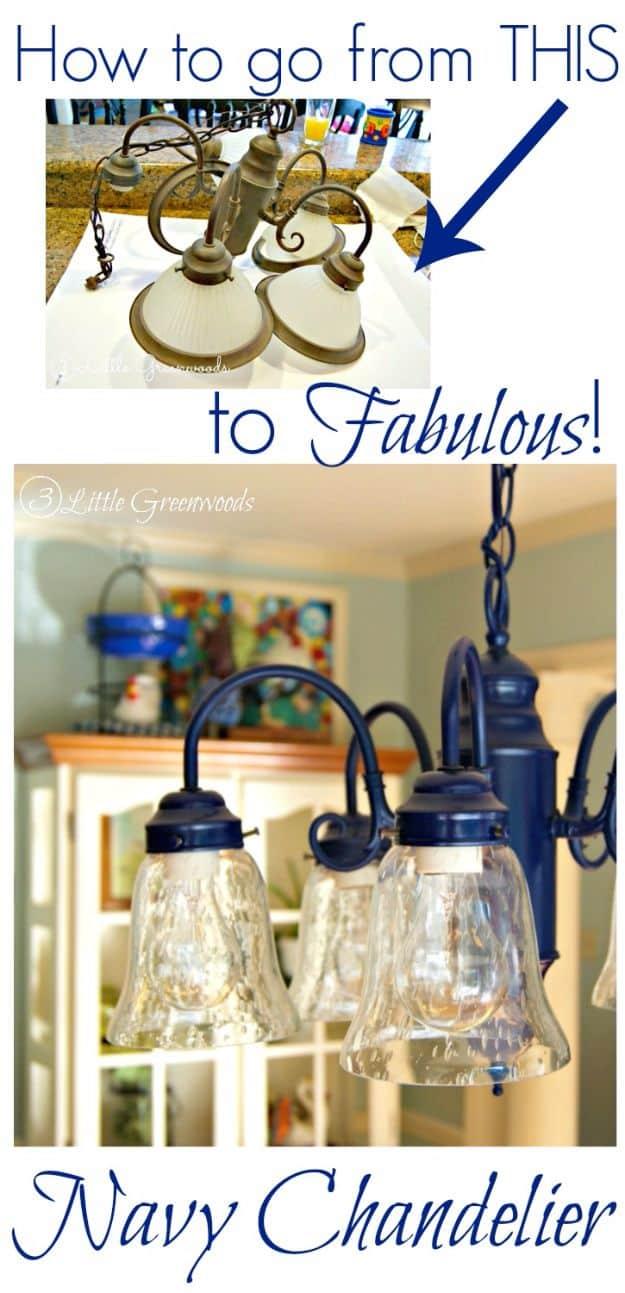 Navy spray painted chandelier over a kitchen island with textured glass shades, shown with the brass before shot