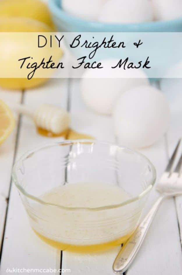 DIY brighten and tighten face mask graphic, a glass bowl of pale mixture with eggs, a honey dipper and a fork