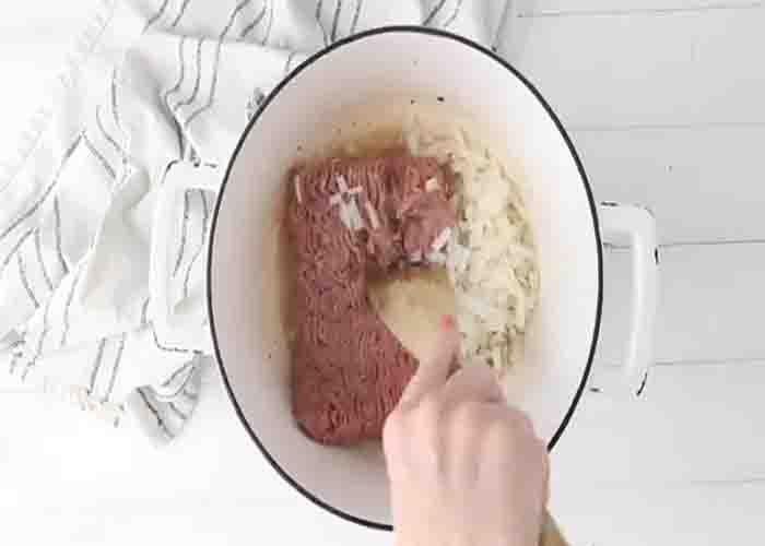 Cooking the ground beef for the cowboy spaghetti recipe