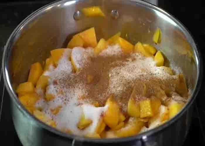 Making the peach cobbler topping for the cheesecake