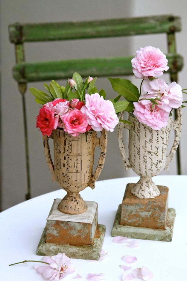 Shabby Chic Decor and Bedding Ideas - DIY Vintage Sheet Music And Book Page Vase From Plastic Trophies - Rustic and Romantic Vintage Bedroom, Living Room and Kitchen Country Cottag