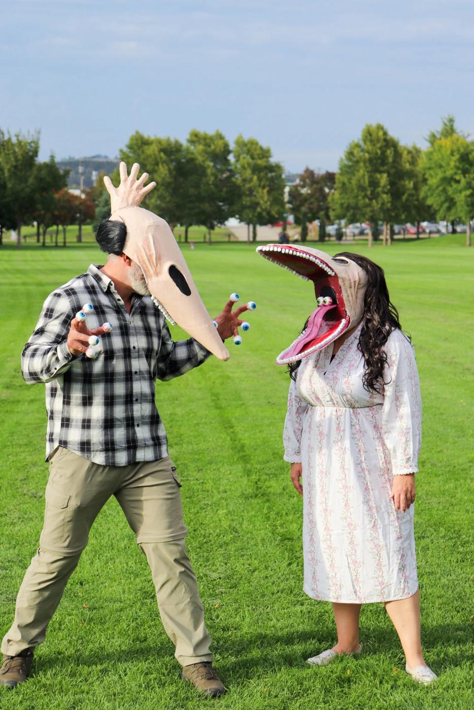 Beetlejuice sandworm couples costume with papier mache cone masks, rows of clay teeth and painted bulging eyes
