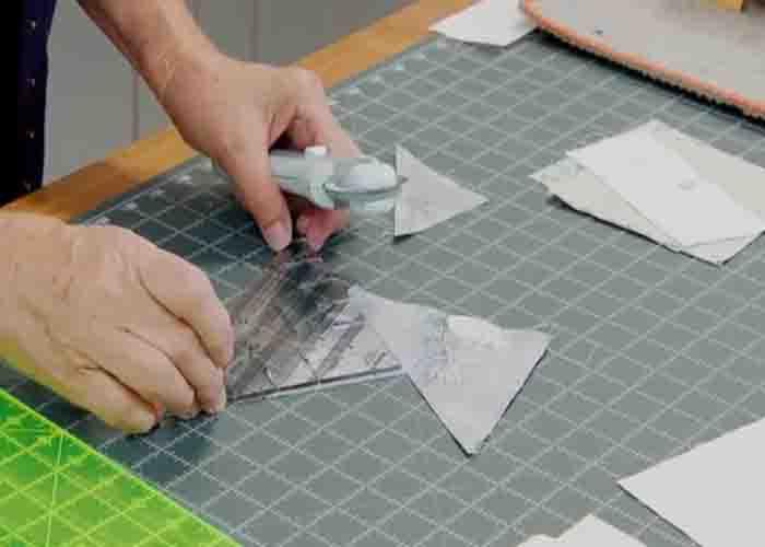 Making the half-square triangles for the pinwheel party quilt