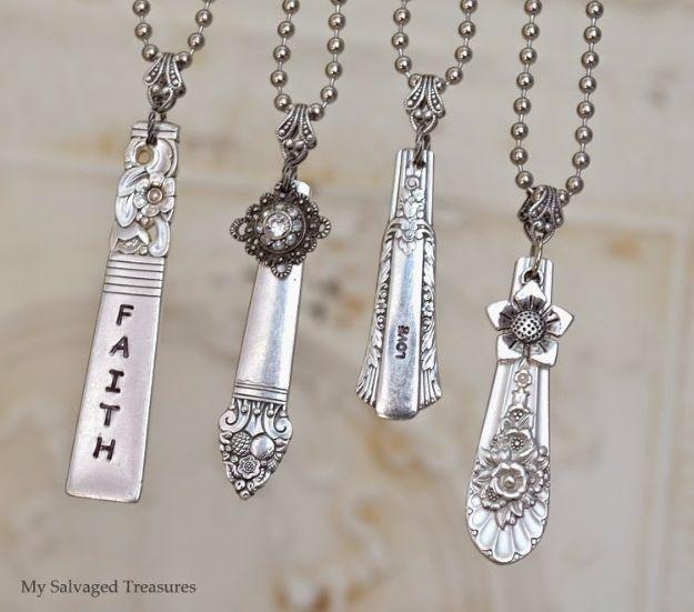 An ornate silver plate fork handle curled and hung on a chain, a vintage finds necklace with country style charm