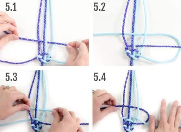 Four step photo collage showing hands tying a boa paracord bracelet in purple and pale blue cord, numbered