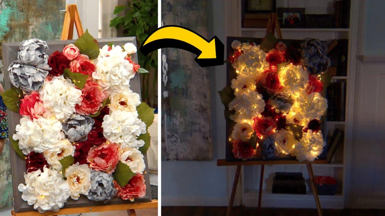 Frame packed with white, red and slate blue faux blooms shown unlit then lit side by side on a wooden easel, arrow between