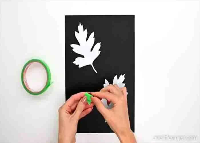 Taping the leaf template on the black paper