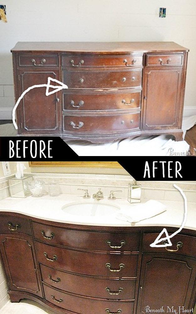Before and after collage of a dark curved antique dresser above the same piece installed as a bathroom vanity