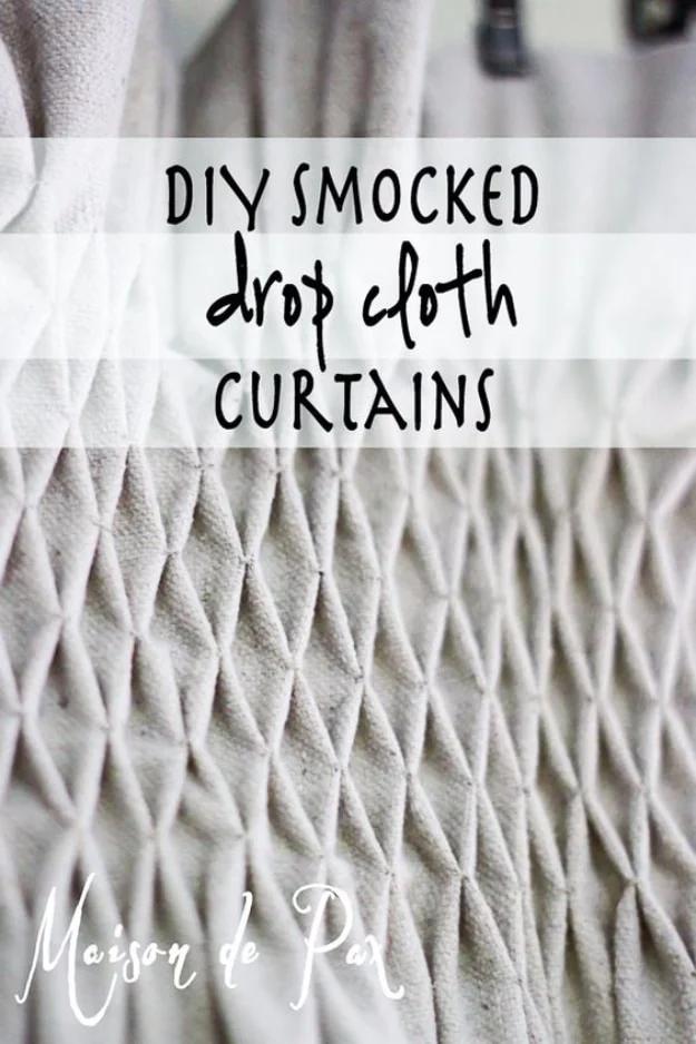 Typeset graphic reading DIY Smocked Drop Cloth Curtains over cream canvas gathered into a honeycomb lattice