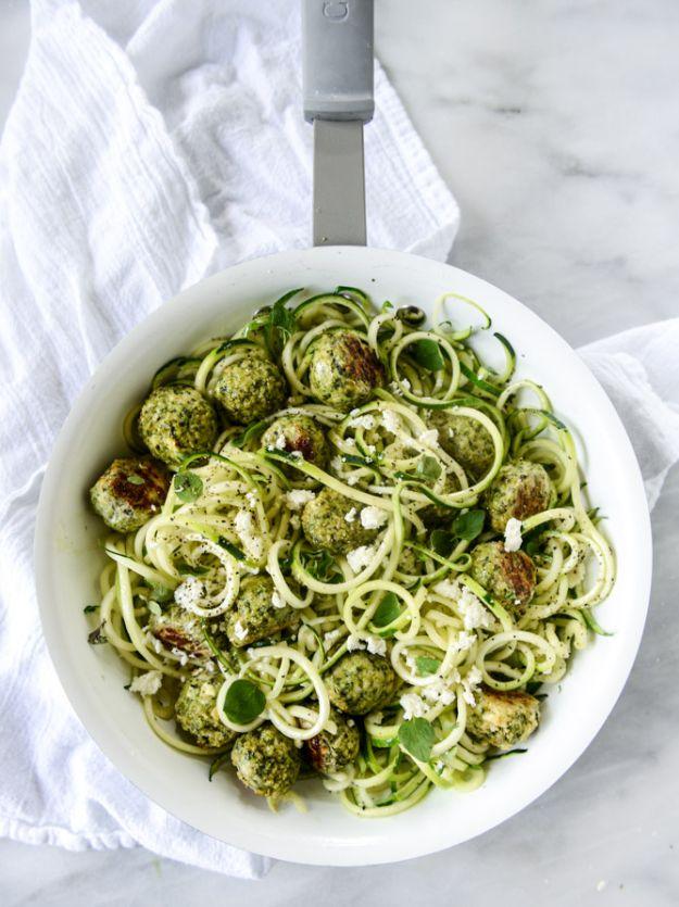 Veggie Noodle Recipes - Zucchini Noodles With Mini Chicken Feta and Spinach Meatballs - How to Cook With Veggie Noodles - Healthy Pasta Recipe Ideas - How to Make Veggie Noodles Wi