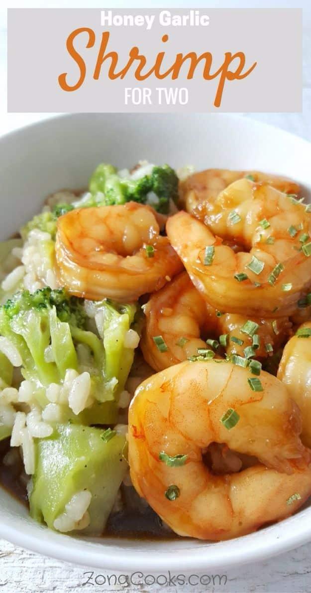 Honey garlic shrimp for two glazed in a soy, honey and ginger marinade and served over steamed white rice