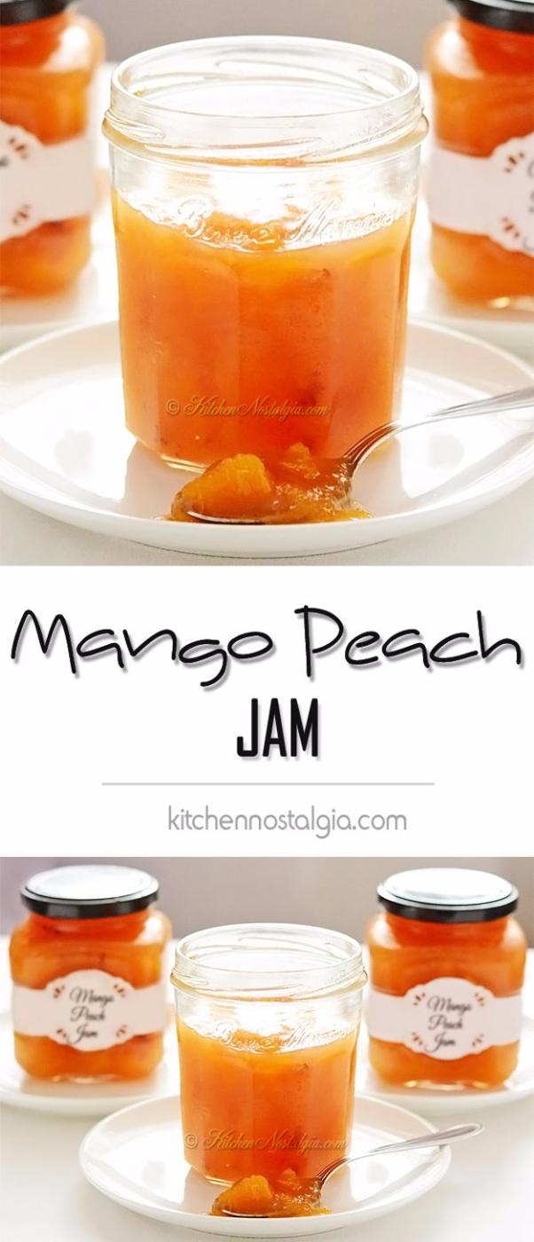 Mango peach jam in glass jars, golden orange and chunky, made with pureed mango and cubed unpeeled peaches