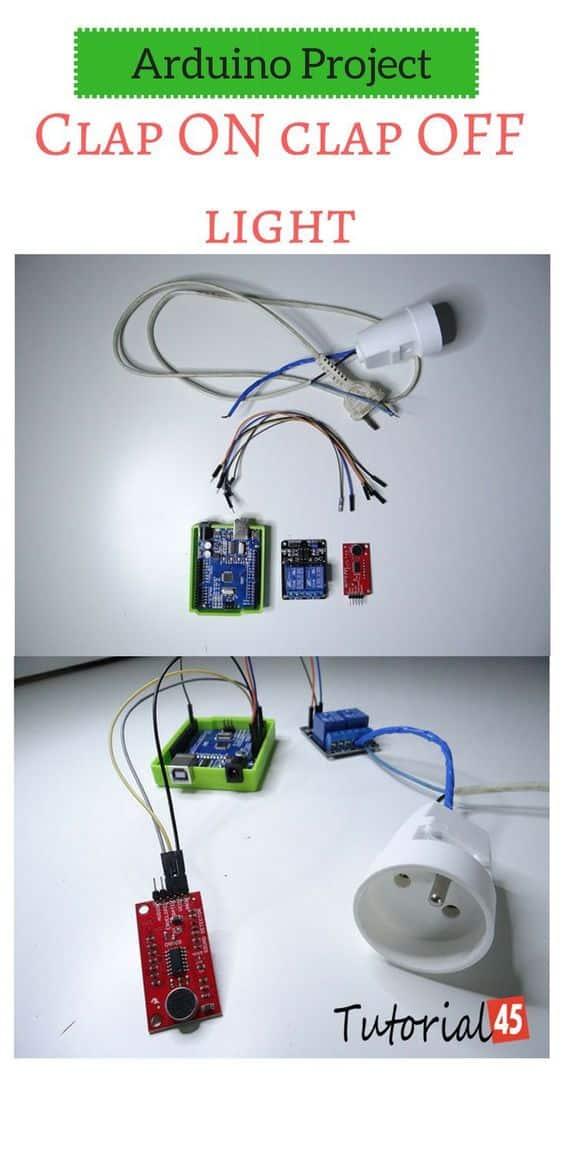 Graphic titled Arduino Project Clap ON clap OFF Light showing a breadboard, sensor modules and a wired socket