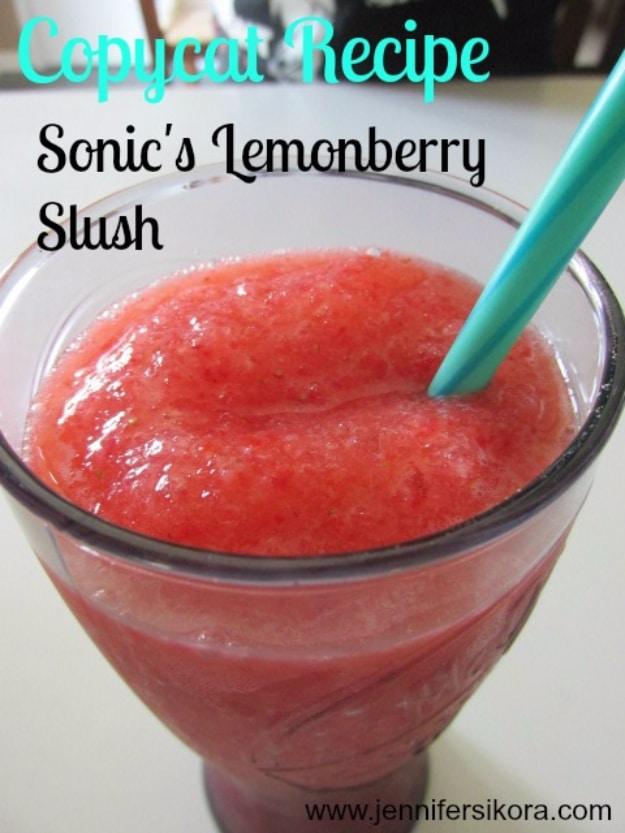 Sonic lemonberry slush copycat, a frozen pink lemonade slush blended with berries and served with a straw