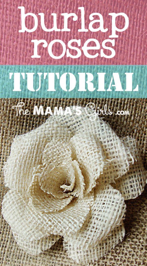 Burlap rose flower with ruffled cream petals made from stiffened burlap, photographed on a burlap background