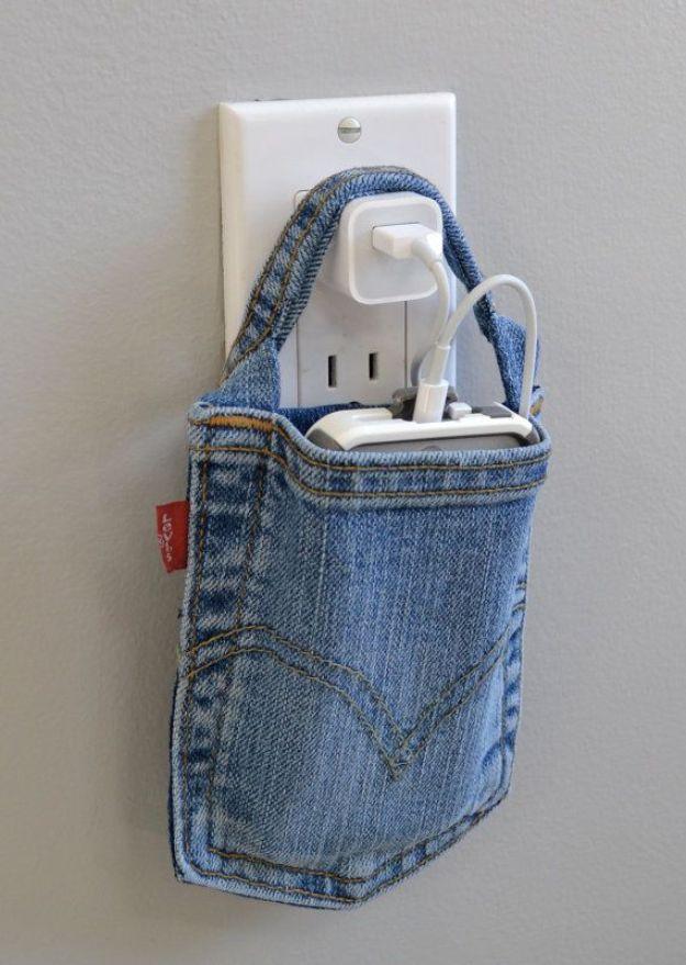 Blue Jean Upcycles - Charging Station - Ways to Make Old Denim Jeans Into DIY Home Decor, Handmade Gifts and Creative Fashion - Transform Old Blue Jeans into Pillows, Rugs, Kitchen
