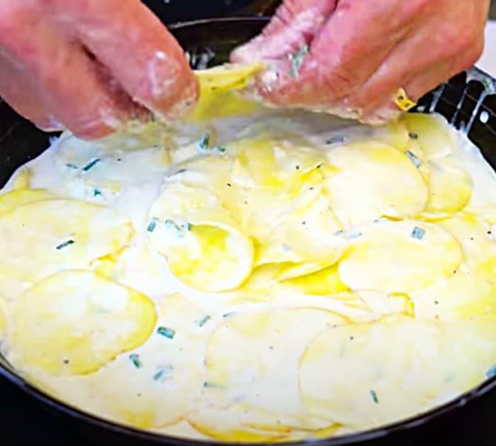 Add Potatoes And Cream For Creamy Scalloped Potatoes