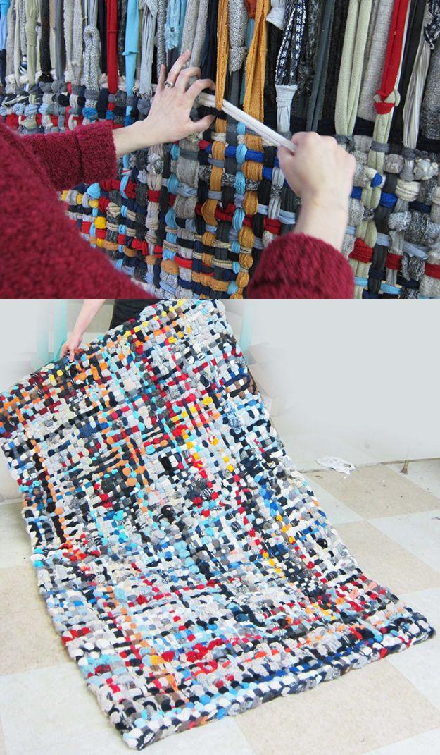 Hands weaving fabric loops on a large loom next to a finished multicoloured loop DIY area rug on a floor