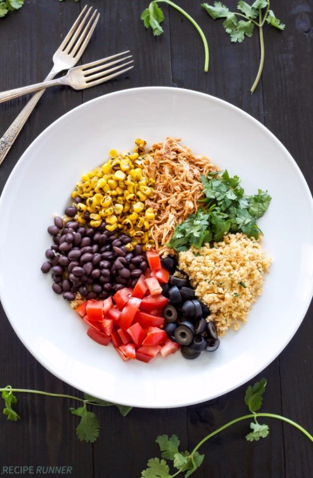 Healthy Lunch Ideas for Work - Chicken Enchilada Cauliflower Rice Bowls - Quick and Easy Recipes You Can Pack for Lunches at the Office - Lowfat and Simple Ideas for Eating on the