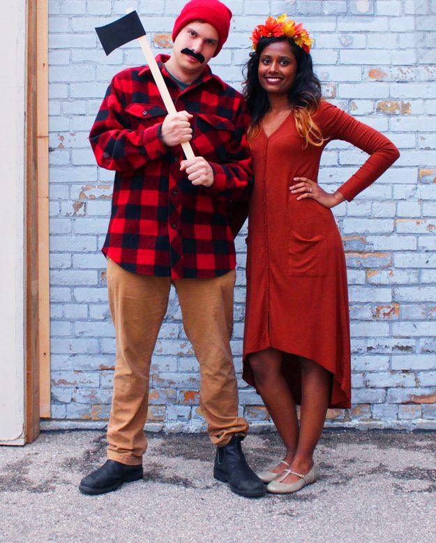 Lumberjack and tree couples costume with a red plaid flannel, a foam axe, a rust dress and a leaf crown