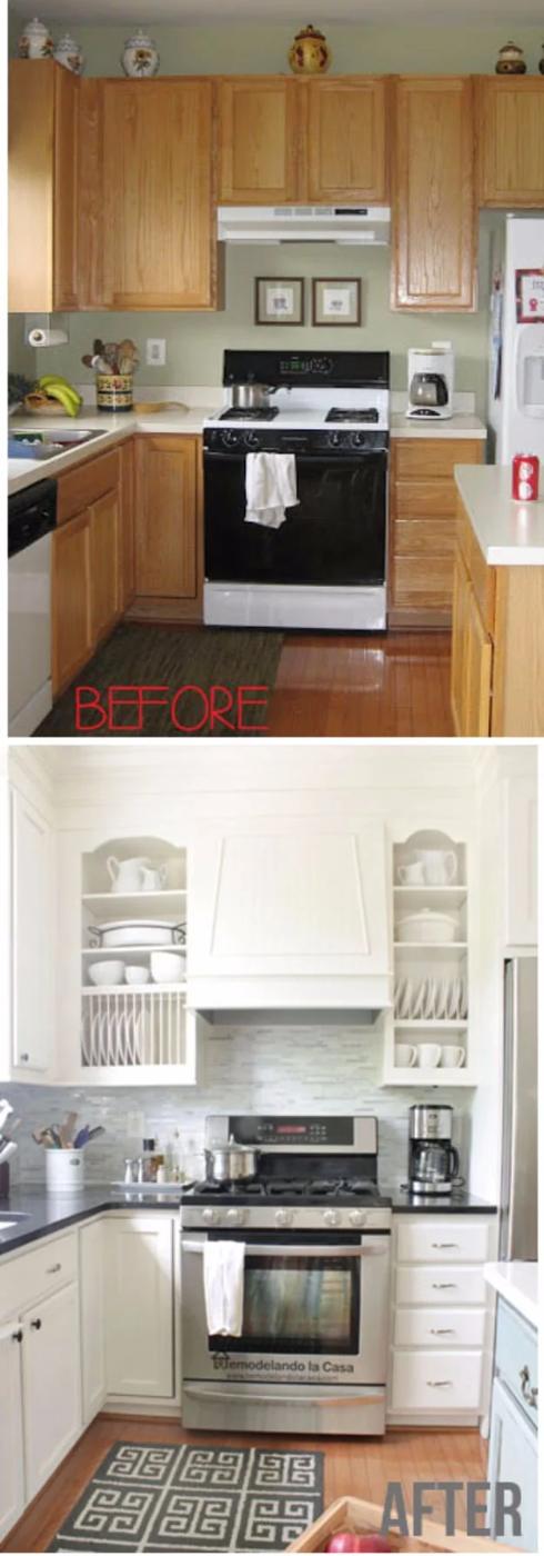 Before and after of a kitchen with oak cabinets and a metal hood, then cream cabinets with a tapered boxed in white hood