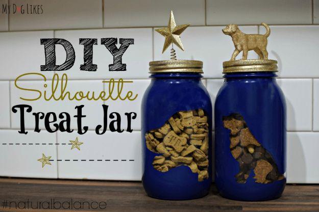 Graphic titled DIY Silhouette Treat Jar over two cobalt mason jars with dog shapes left clear to show the biscuits