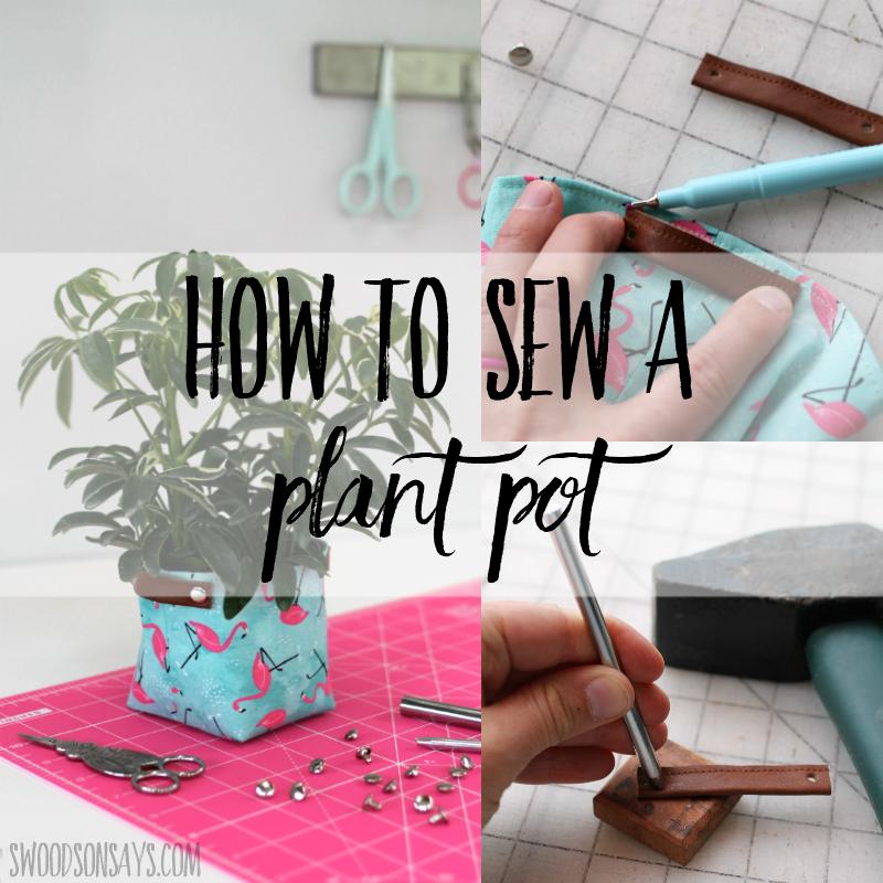Four panel collage showing a flamingo print fabric plant pot with leather handles, rivet setting on a mat and a typeset title