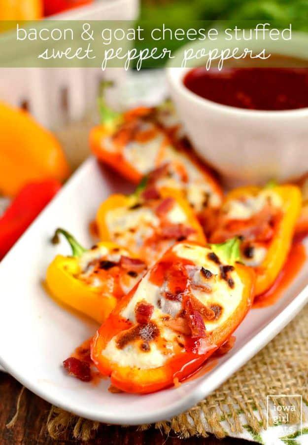 Bacon and goat cheese stuffed sweet pepper poppers broiled and drizzled with sweet chili sauce, gluten free