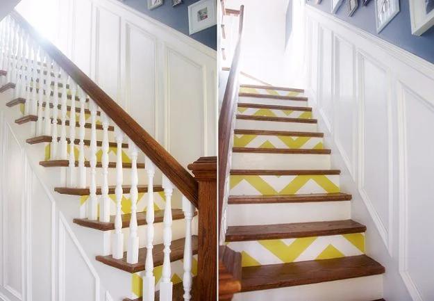 Step up your stairs, two views of a white staircase with yellow and white chevron wallpaper applied to each stair riser