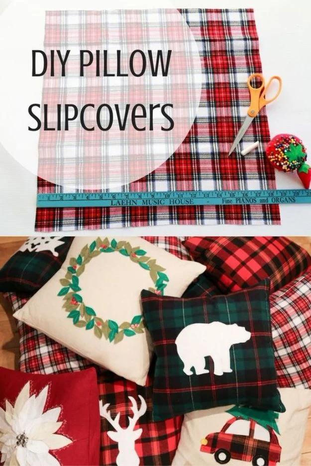 DIY pillow slipcovers graphic showing plaid fabric and scissors above finished pillows with felt deer and bear