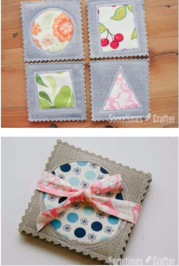 Quilting scraps coasters in chambray with floral cherry and leaf print reverse applique shapes and pinked edges