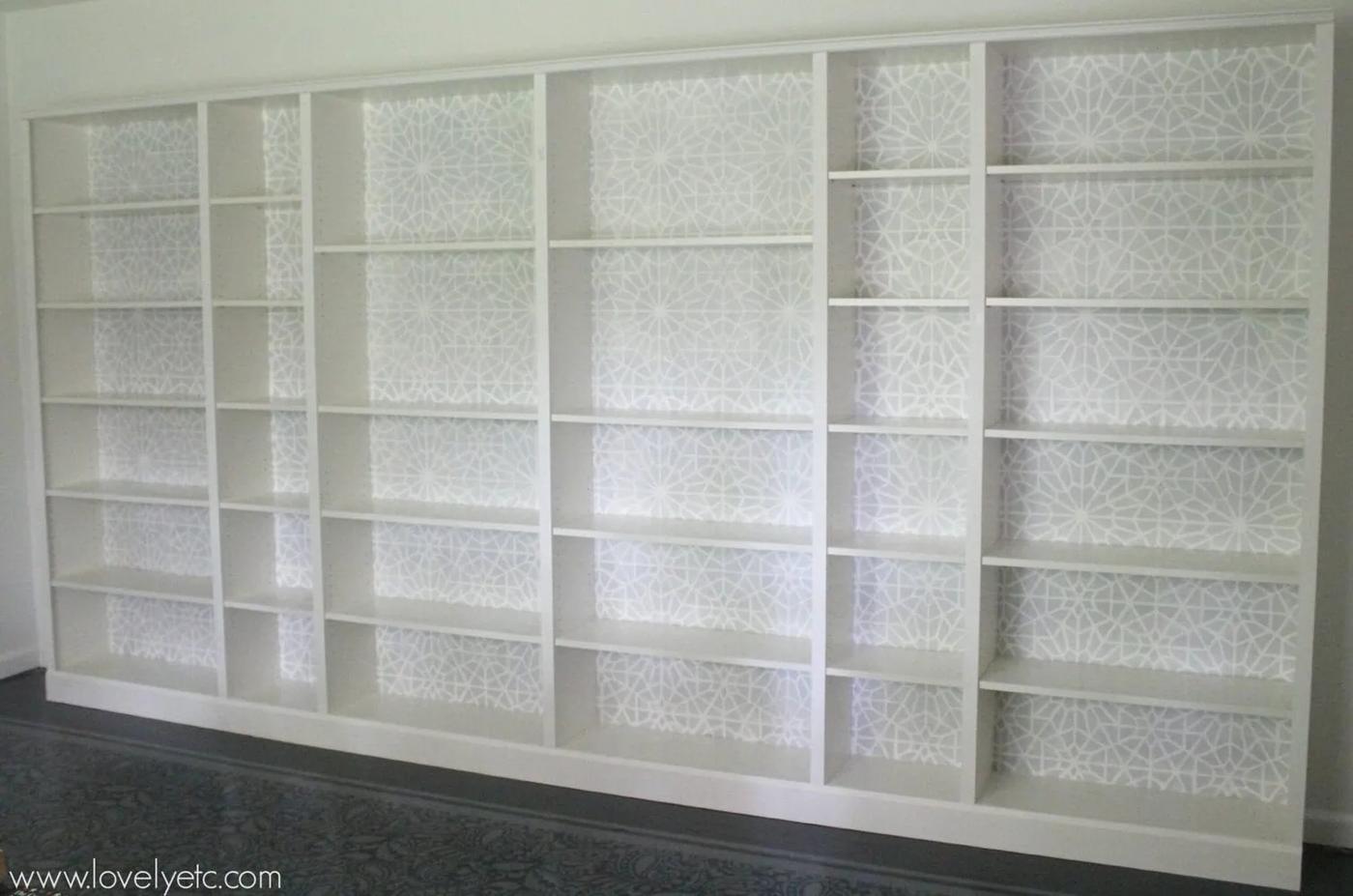 Stenciled Ikea Bookcase Wall, a bookshelf idea, simple enough for a first try and a satisfying finish for not much work