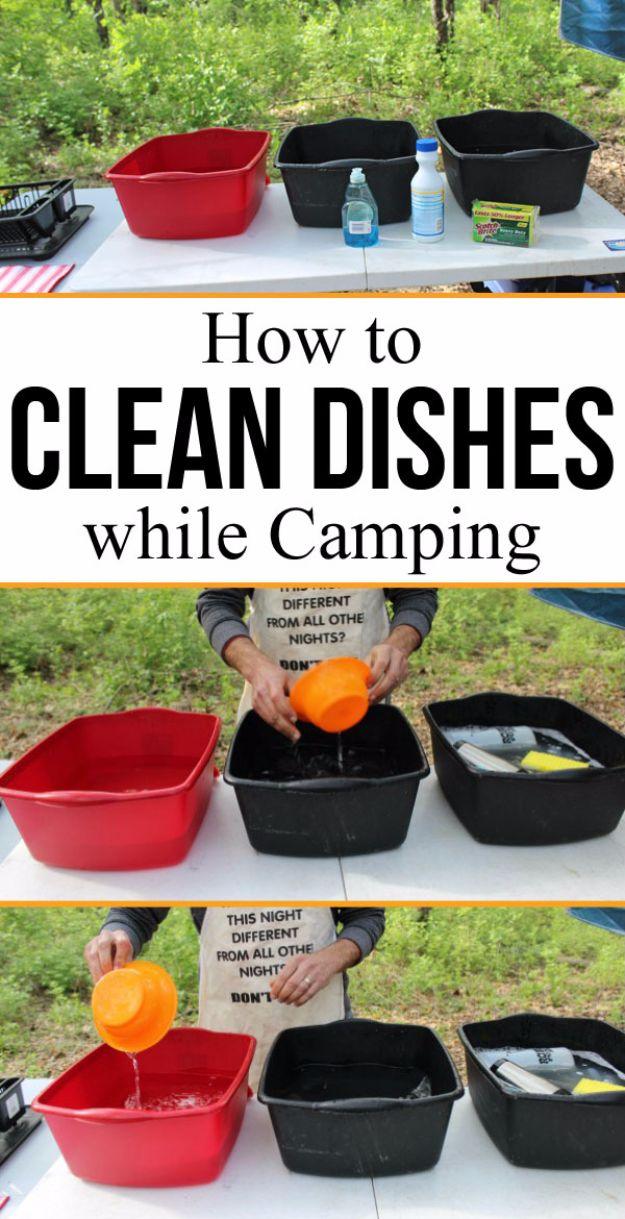 Three panel graphic of red and black dish basins on a camp table with a typeset How to Clean Dishes title