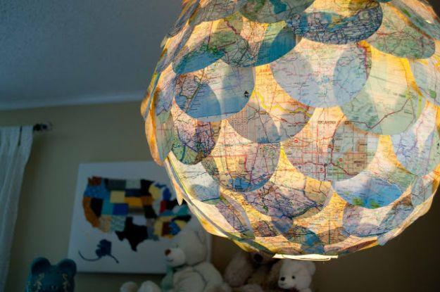 DIY Map Pendant, quick to set up on a rainy afternoon and a finishing touch that ties the room together