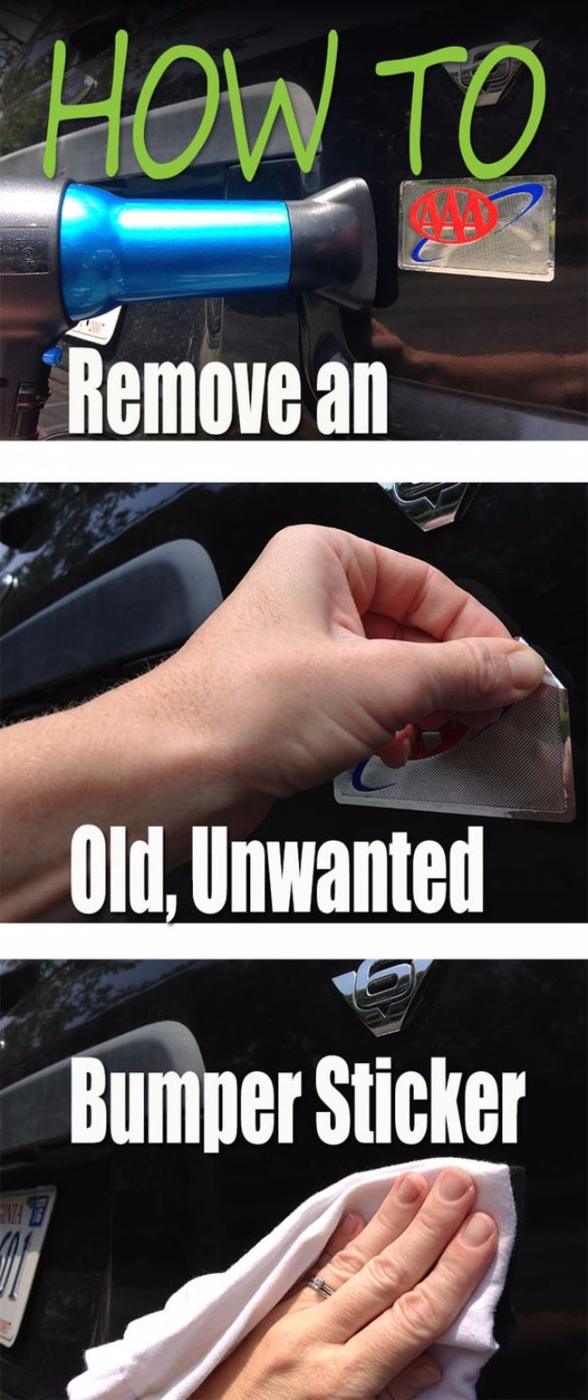 Three panel sequence of a blue heat gun on a car window decal, a hand peeling it off and a cloth buffing the glass