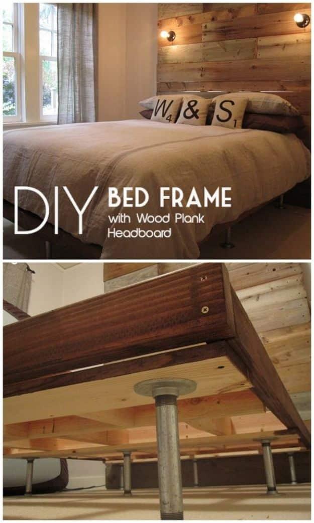 DIY bed frame collage with a wall sized plank headboard and a detail of the pipe legs and flanges below