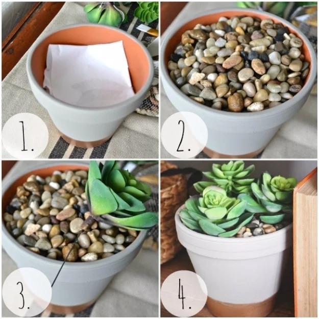 Four step photo sequence filling a gray and terracotta pot with paper, river stones and faux green succulents