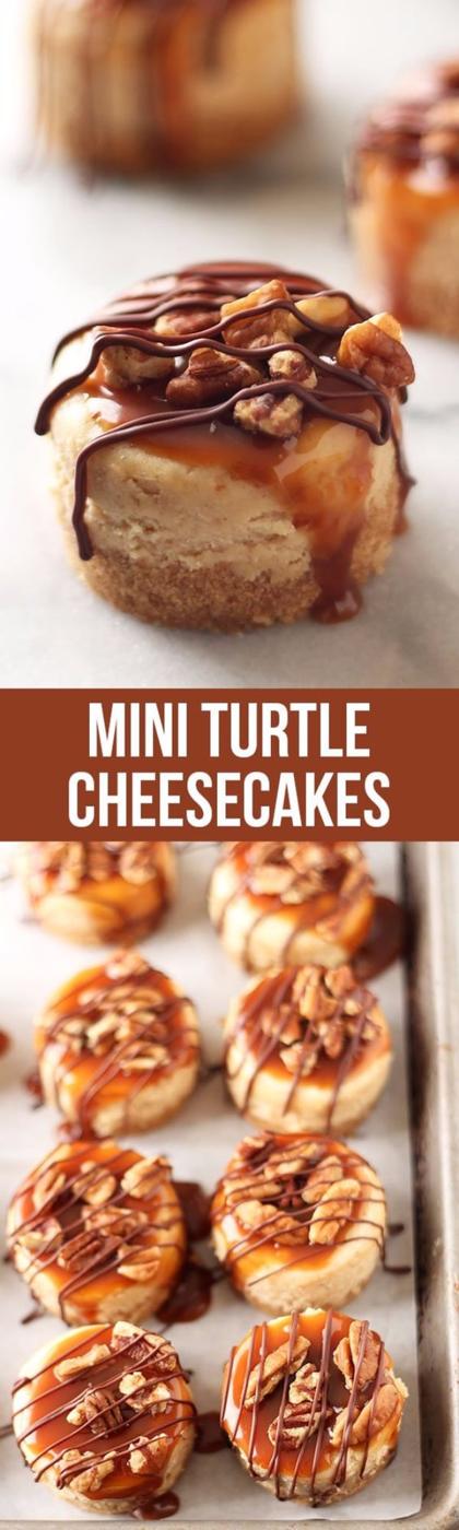 Mini turtle cheesecakes topped with caramel, toasted pecans and chocolate, an easy individual dessert idea