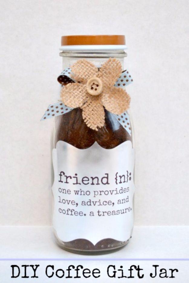 DIY coffee gift jar, a glass milk bottle of coffee beans with a tan covered lid, a friend label, a burlap flower and ribbon