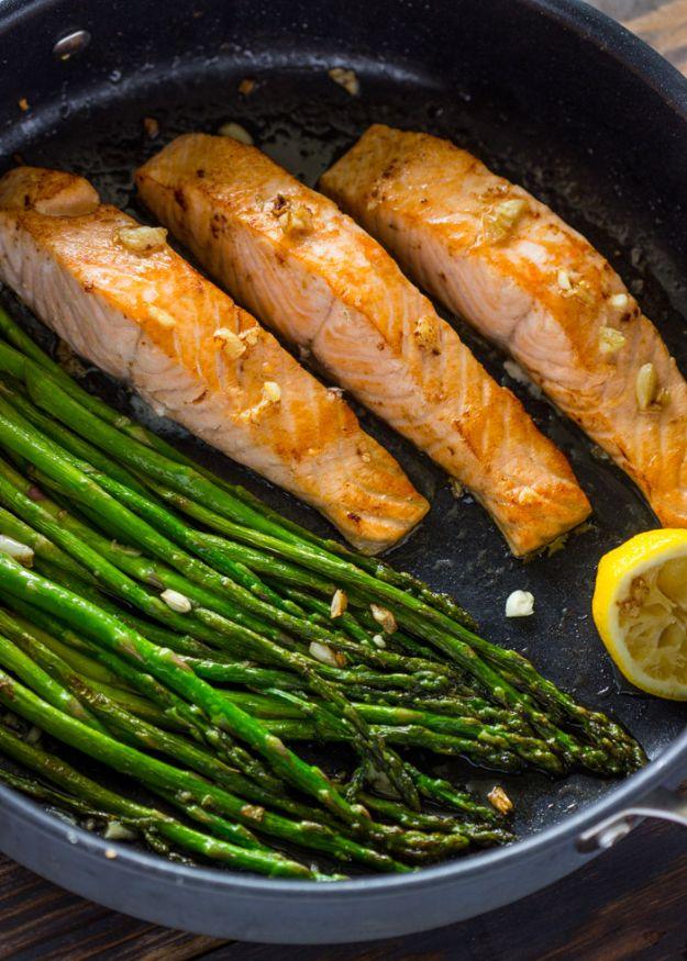 Ten minute lemon garlic salmon and asparagus caramelized in browned butter for an impressive dinner for the whole family