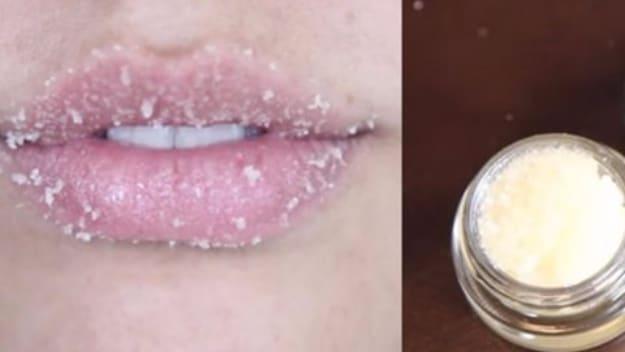 DIY lip scrub made with sugar and coconut oil in a tiny glass jar, shown beside a close up of soft pink lips