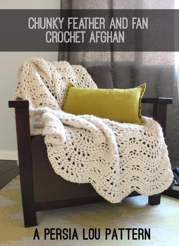 Cream chunky crochet lace afghan draped over a dark wooden chair with a mustard cushion, typeset title above