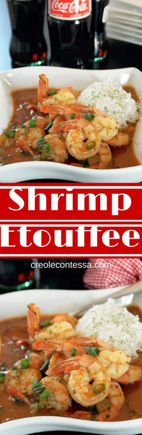 Shrimp etouffee with Coca Cola, shrimp in dark creole gravy in a white dish with a scoop of white rice