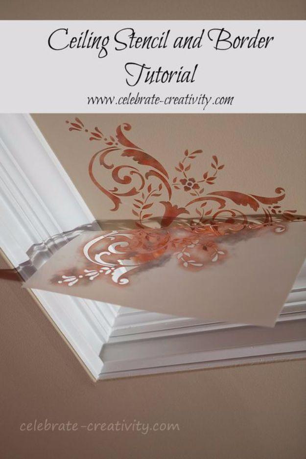 Scrolling border pattern stenciled in copper on a ceiling next to white crown molding, shown in a graphic