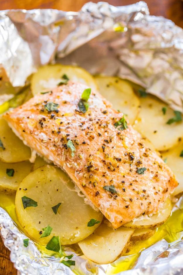 Camping recipe: salmon and potato foil packet grilled together for an easy protein and side dish in one