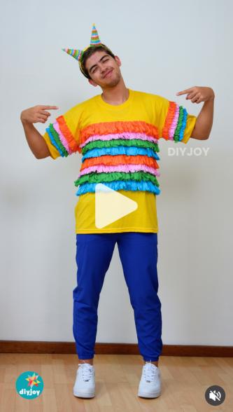 One of the Easiest Halloween Costumes - video thumbnail of the young man pointing at his fringed pinata costume.