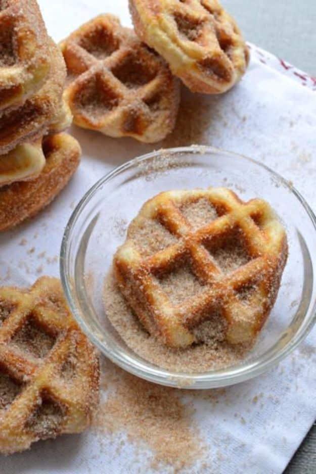 Cinnamon sugar waffle bites made from biscuit dough in a waffle iron, an easy five minute sweet snack