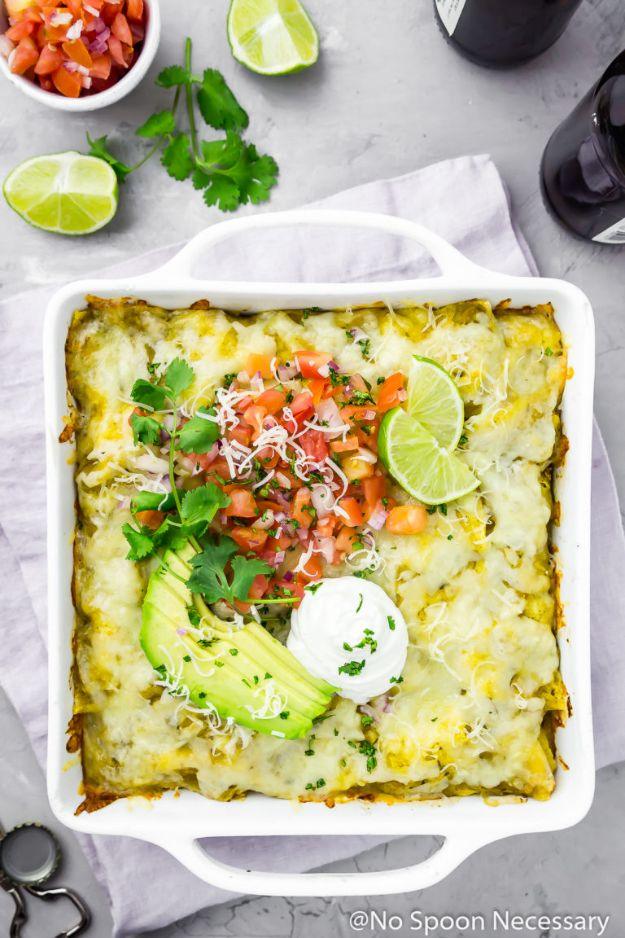 Enchiladas - Easy Stacked Enchilada Suizas Bake - Best Easy Enchilada Recipes and Enchilada Casserole With Chicken, Beef, Cheese, Shrimp, Turkey and Vegetarian - Healthy Salsa for